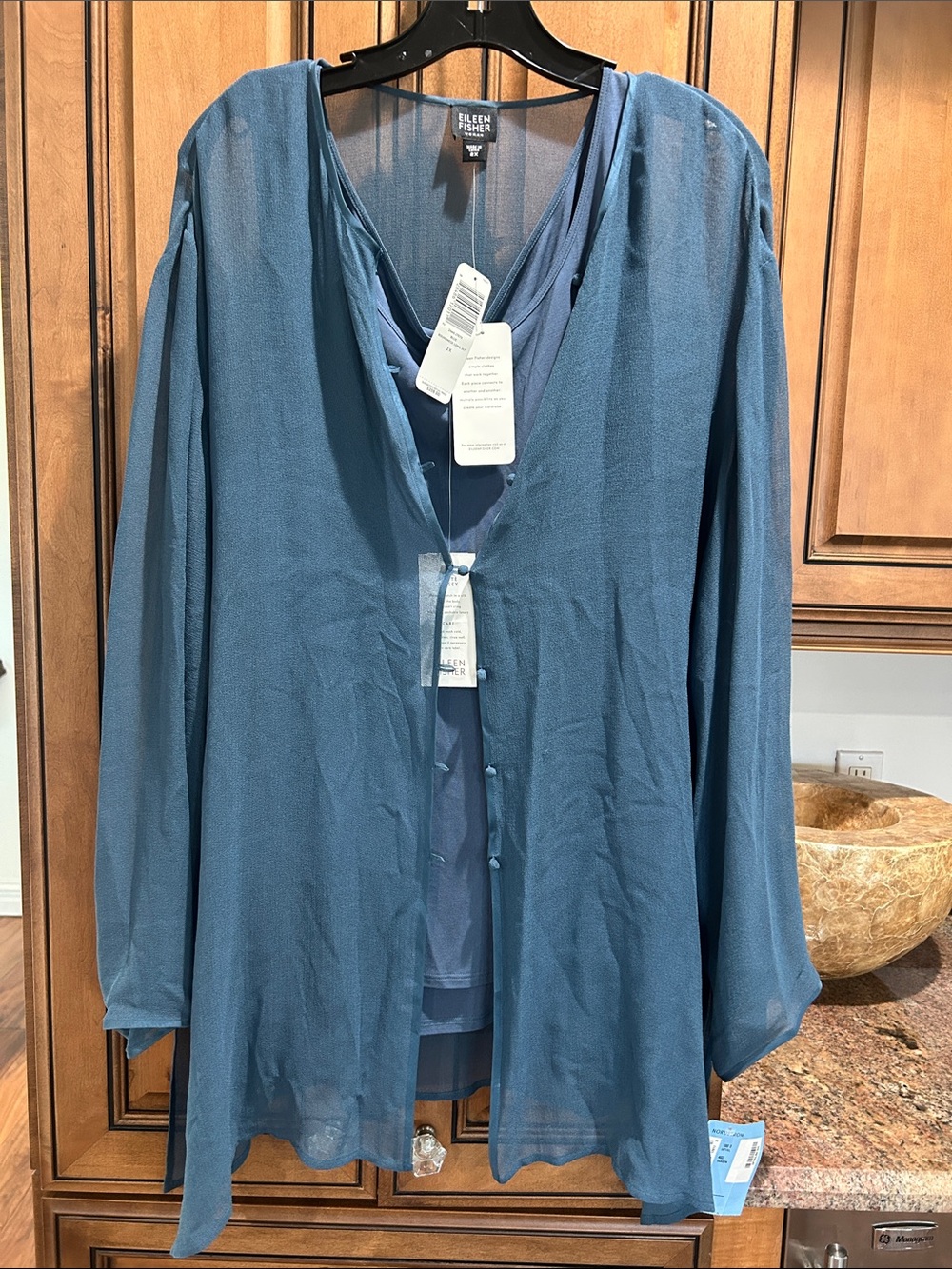 Eileen Fisher Teal-Blue Sheer Button-Front Cardigan & tank. 2 pc set
